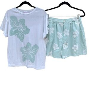 Avon Fashions Vintage 80s Floral Shorts Shirt Set Mint Green L Coastal Cottage